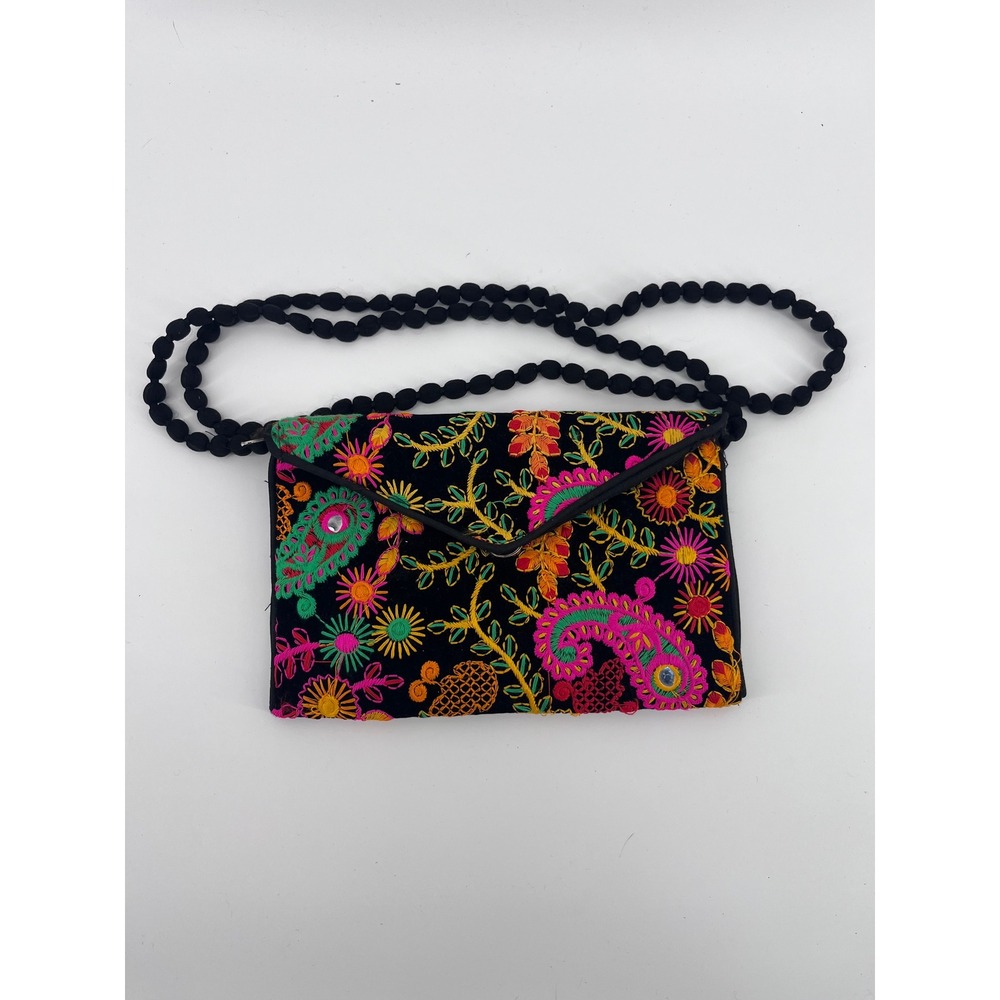 Boho Embroidered Floral Paisley Velvet Clutch Bag with Pom Pom Strap Black